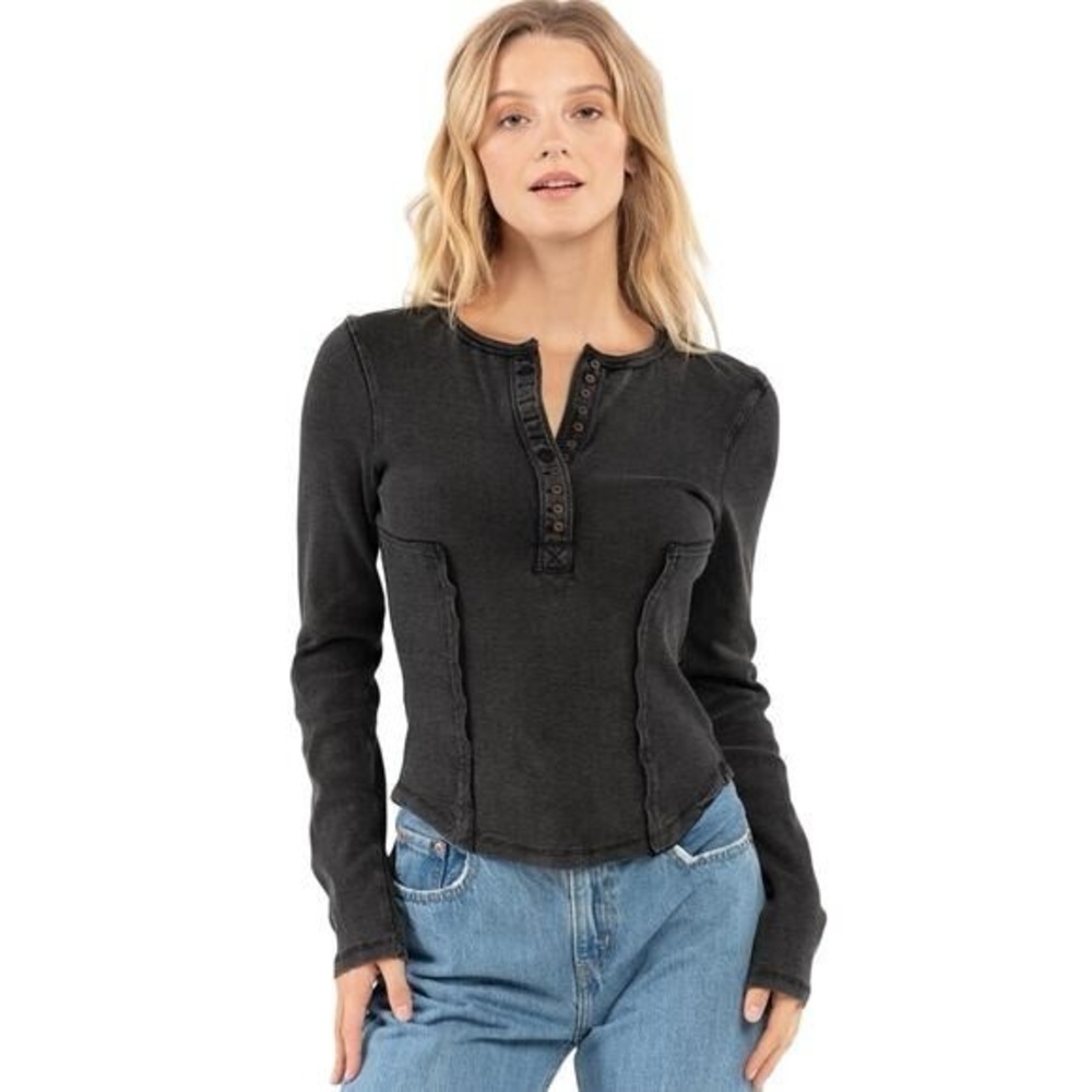 FREE PEOPLE Mareea Women's Henley Washed Tee Black, Size Small‎